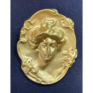 Gold Tone Cameo Brooch Pin Woman Profile Art Nouveau Style Fashion Statement